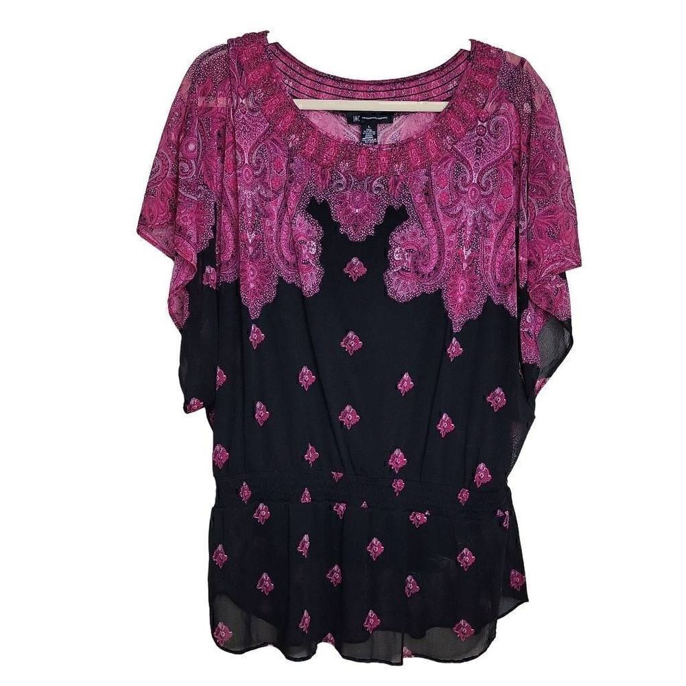 INC International Concepts Paisley Print Blouse & Shell Black Pink